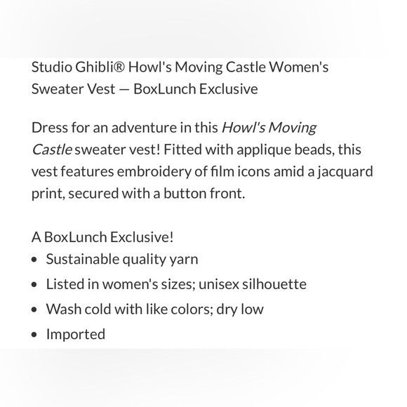 Boxlunch exclusive Studio Ghibli Howls moving castle women’s sweater vest size m - Picture 5 of 7